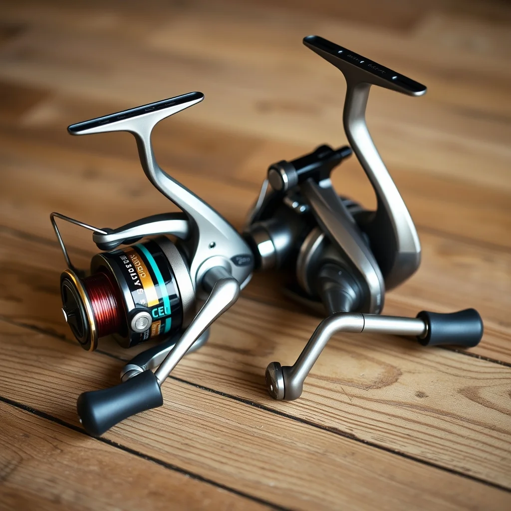 Fishing reel close-up showing spool, handle and drag knob, product photography