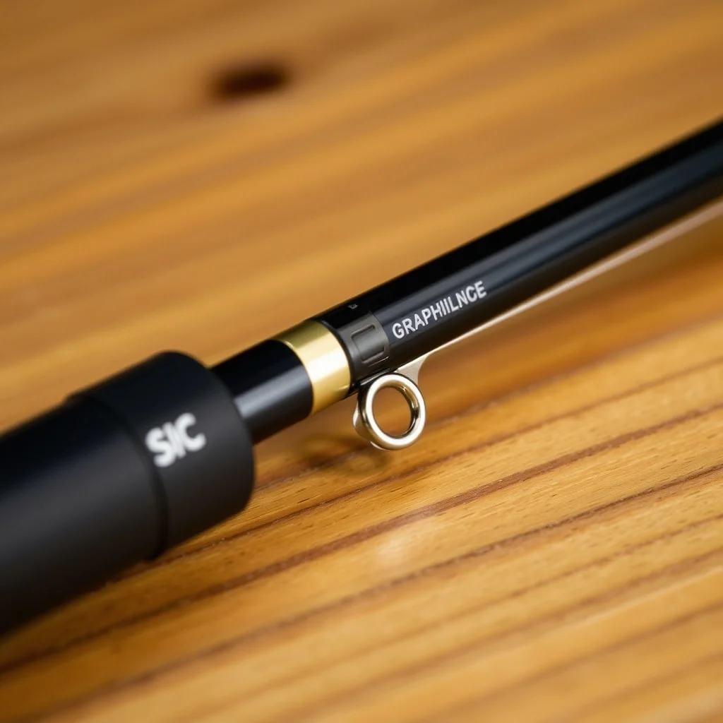 Close-up of fishing rod guides and blank on a wooden dock, product photography
