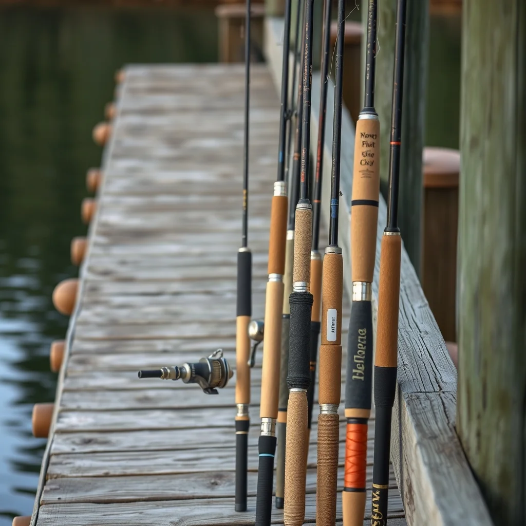 Selection of fishing rods leaning against a wooden dock, product photograph