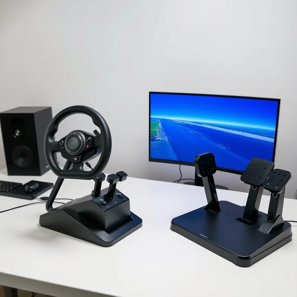 Flight simulator controls — yoke, throttle quadrant and rudder pedals on a desk, product photography