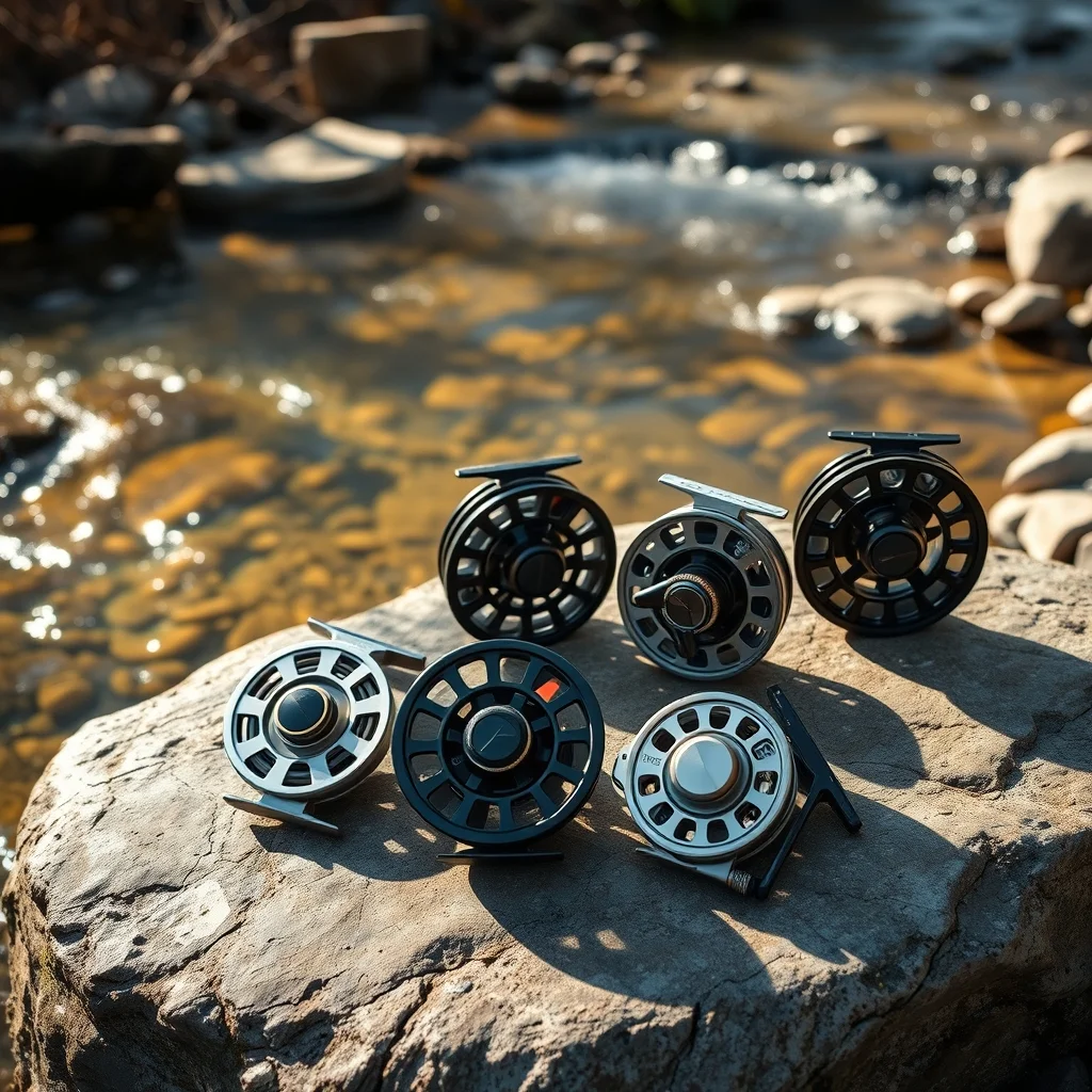 Fly fishing reels laid out on weathered wood dock beside a mountain stream, editorial photograph