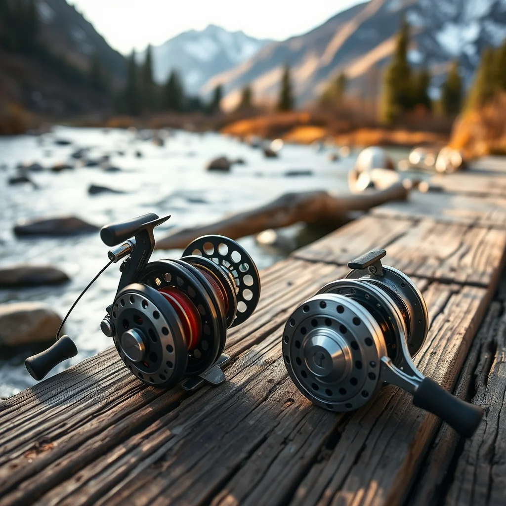Fly fishing reel close-up showing drag knob and arbor, editorial product photograph