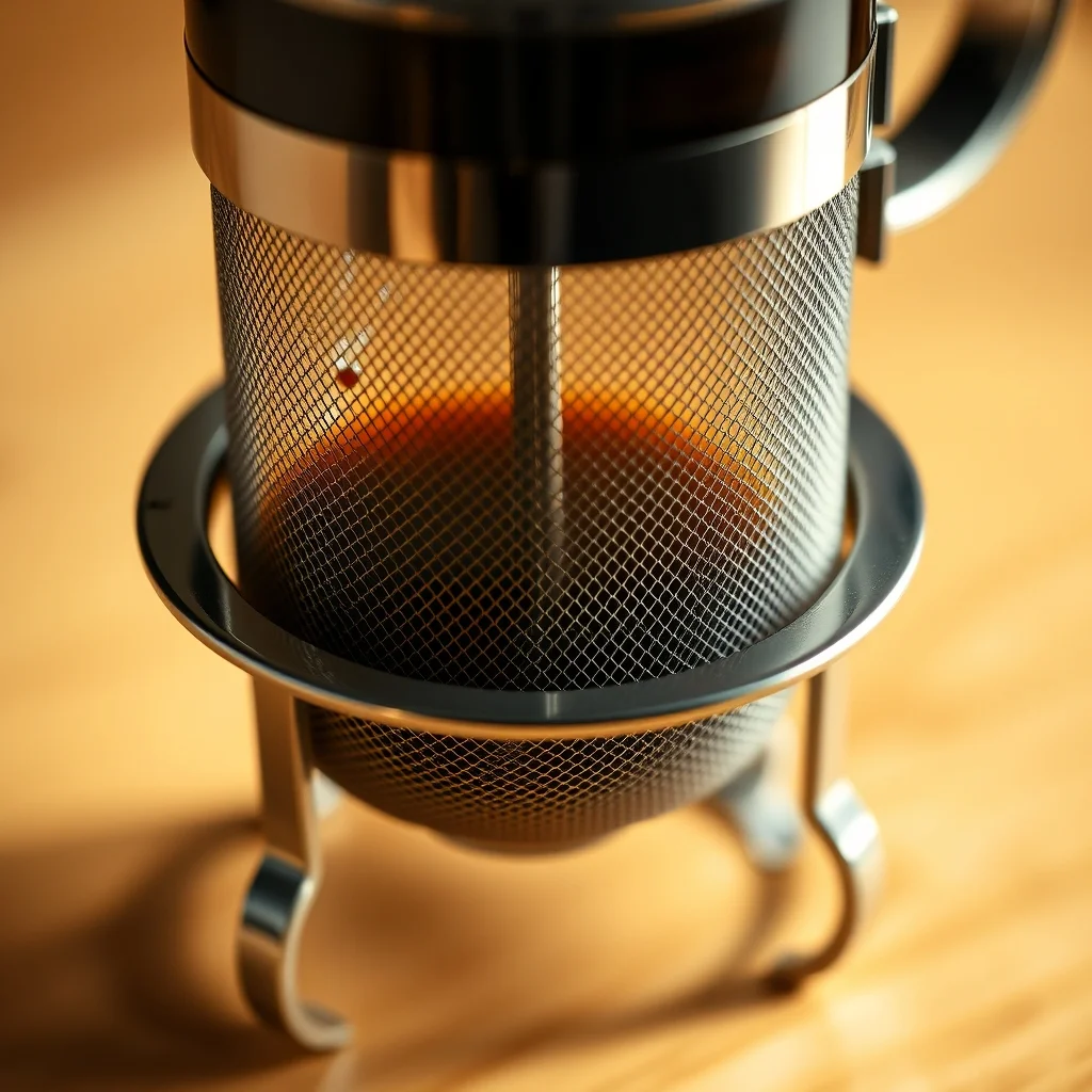 French press plunger and mesh filter detail with coffee