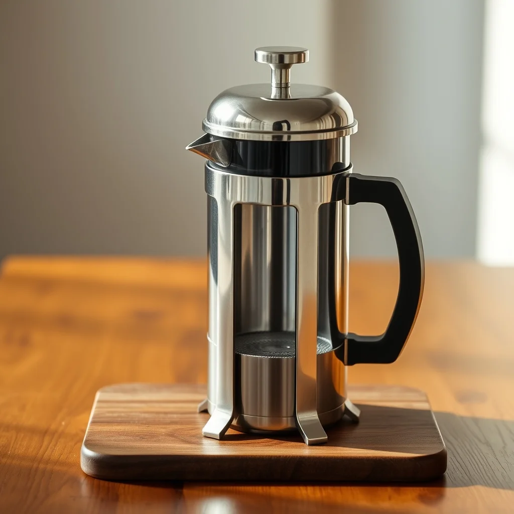 Stainless steel French press coffee maker on wooden surface