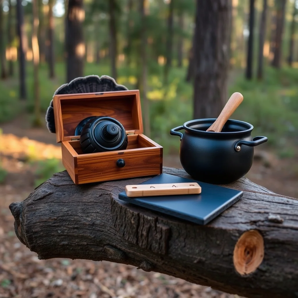 Assortment of game calls including pot call, box call, and grunt tube on a wood surface, product photography