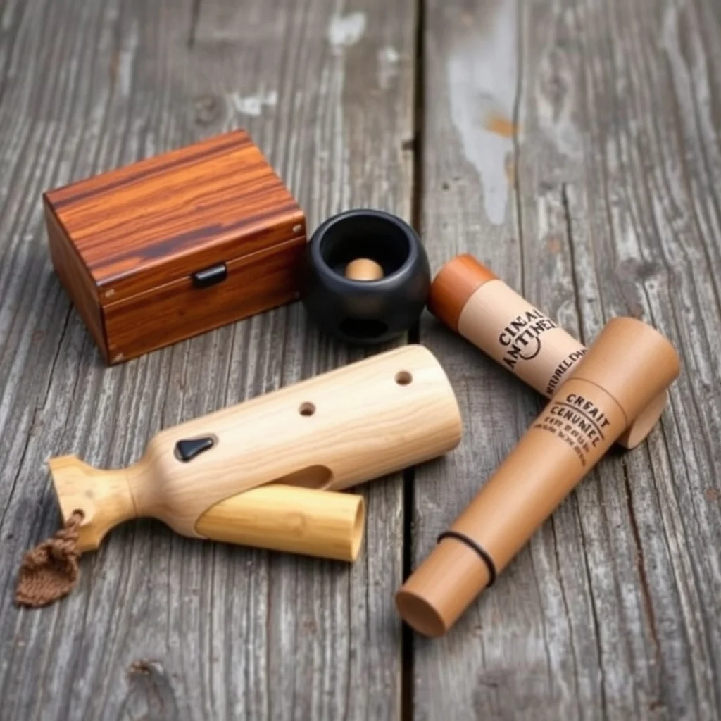 Collection of game calls including turkey pot call and deer grunt call on wooden surface, product photography