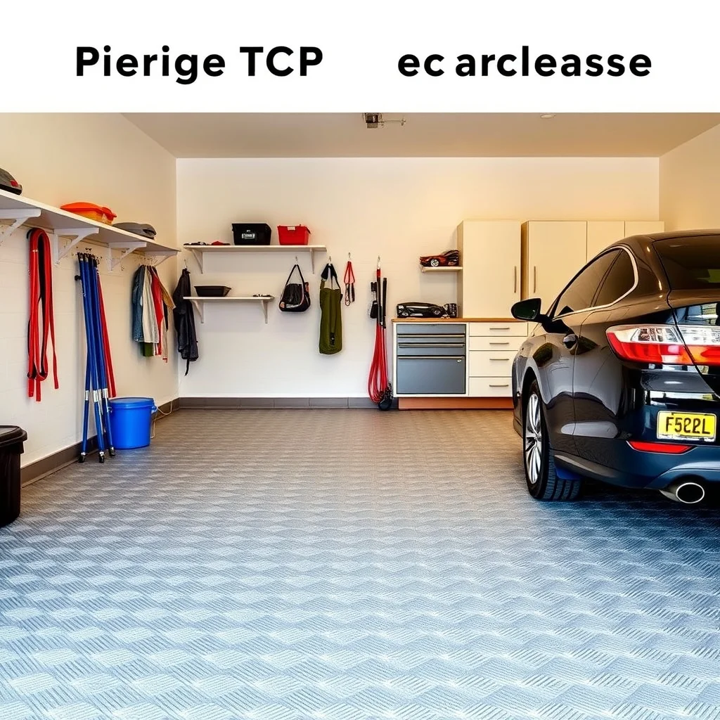 Clean garage with interlocking floor tiles installed, organized workshop with epoxy-style floor