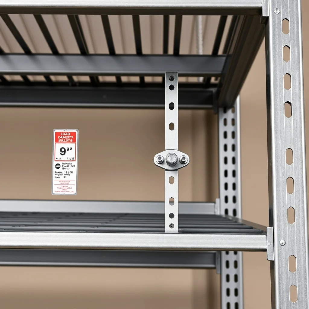 Close-up of garage shelving steel frame showing load capacity label and adjustable bracket