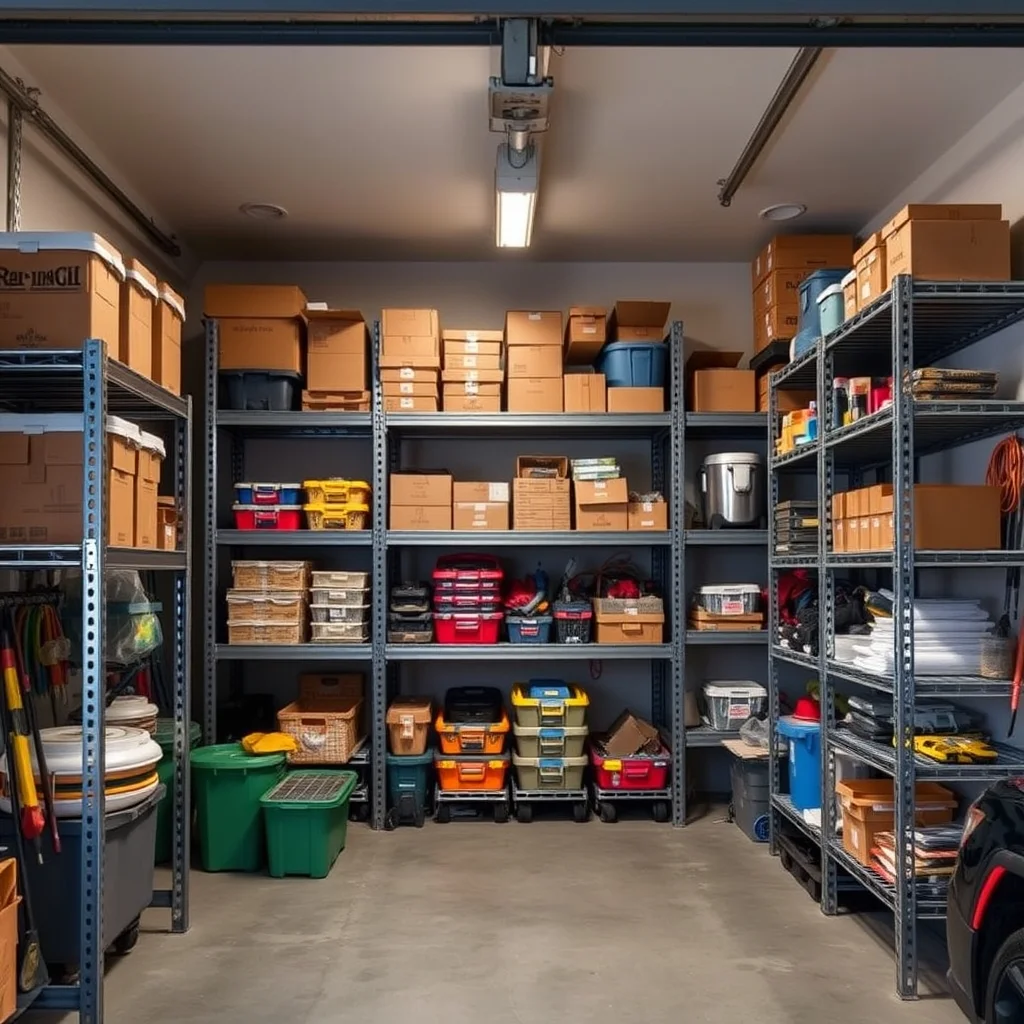 Heavy duty steel garage shelving unit with storage boxes and tools, clean garage interior