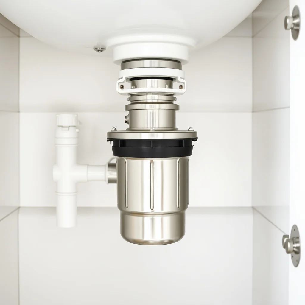 Under-sink garbage disposal unit installed with mounting hardware, product photography
