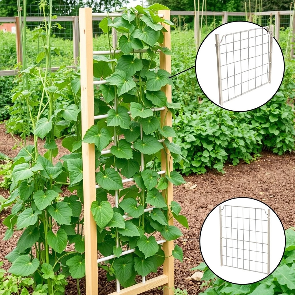Metal garden arch trellis with climbing beans and cucumber vines in raised bed, product photograph