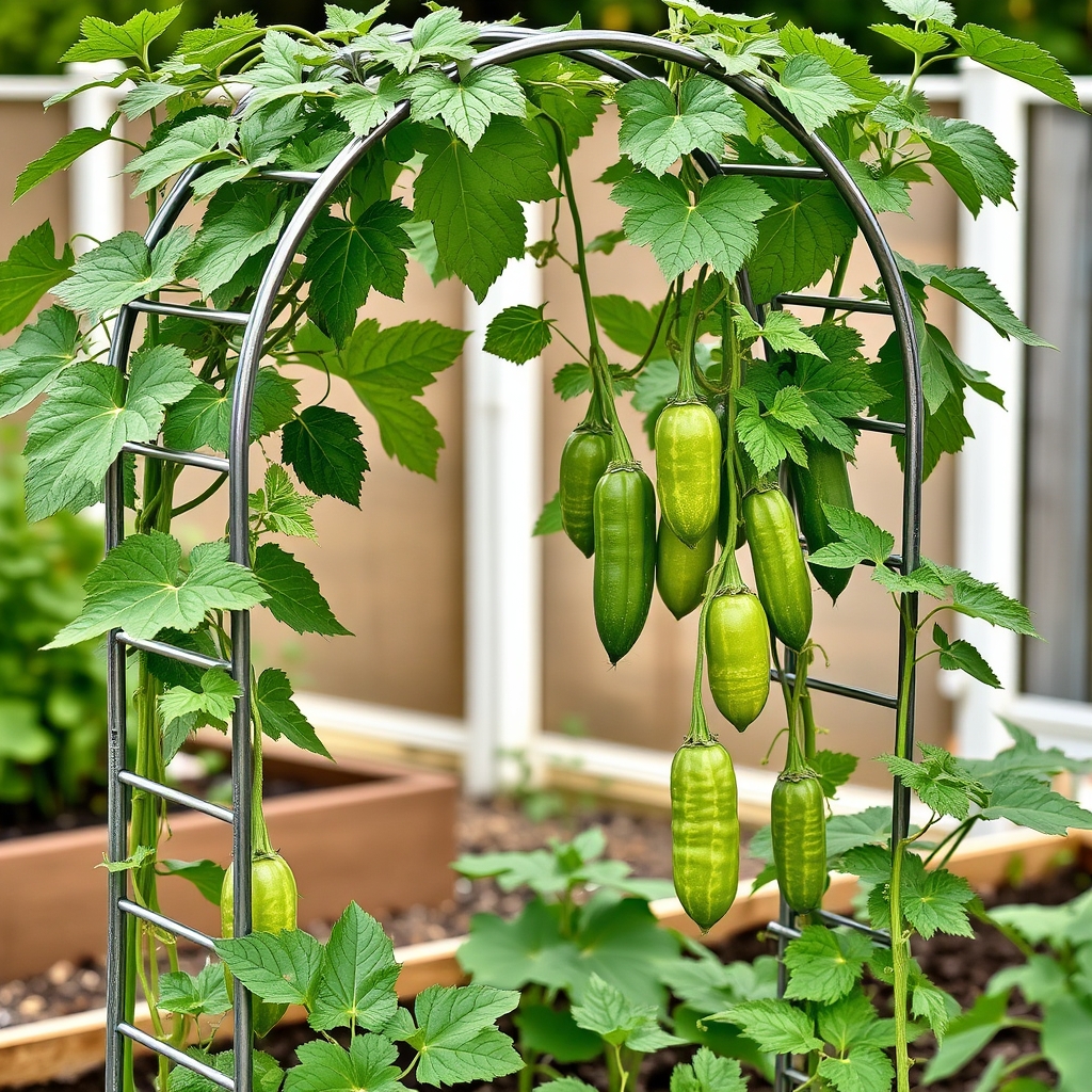 Garden trellis panel with cucumber vines climbing against a wooden fence, product photograph