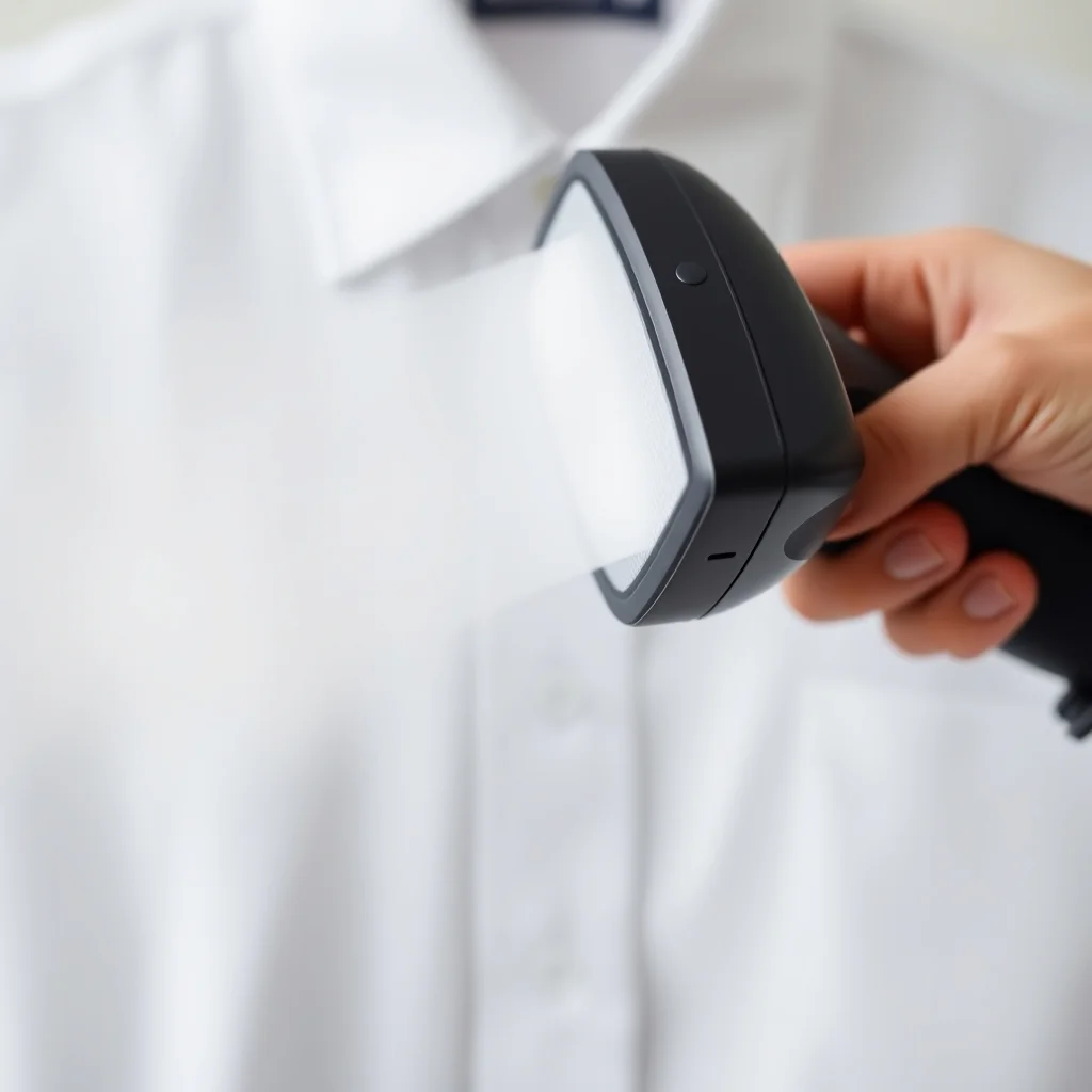Garment steamer head producing steam next to hanging shirt, close-up product photograph