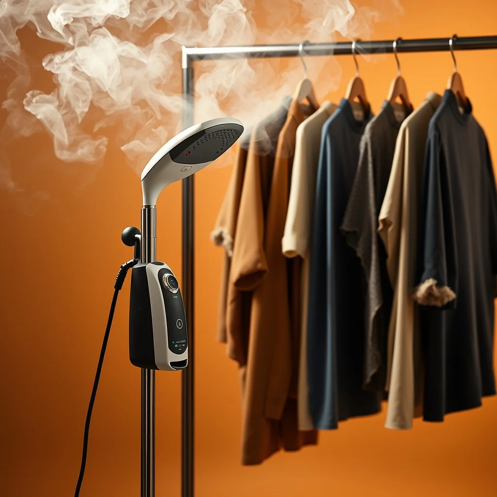 Garment steamer with steam head next to hanging clothes, close-up product photograph