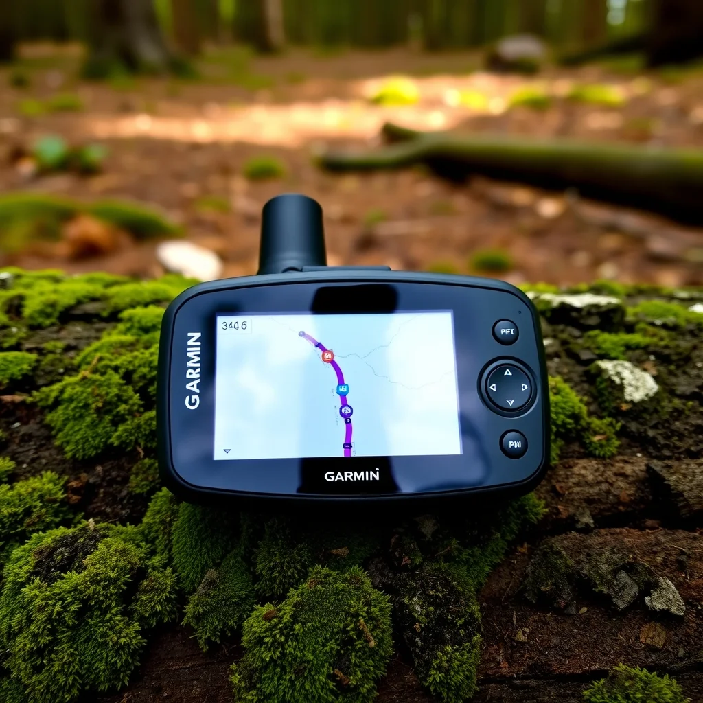 Garmin eTrex handheld GPS device showing waypoint coordinates on screen, product photograph on neutral background