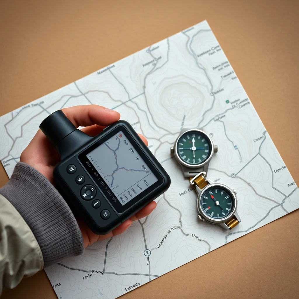 Garmin handheld GPS device resting on a topographic map with compass beside it, product photograph