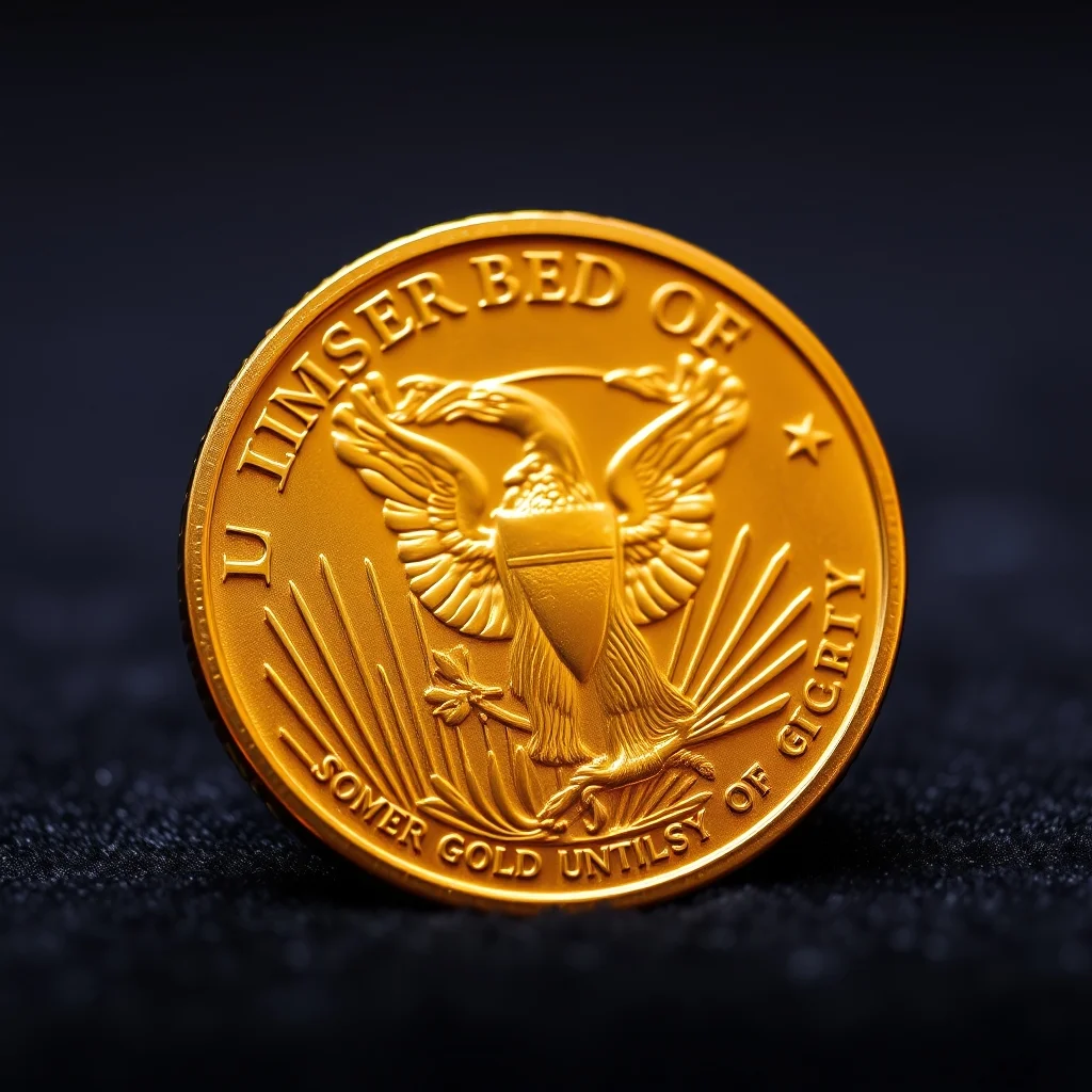 American Gold Eagle coin on dark velvet, close-up product photograph