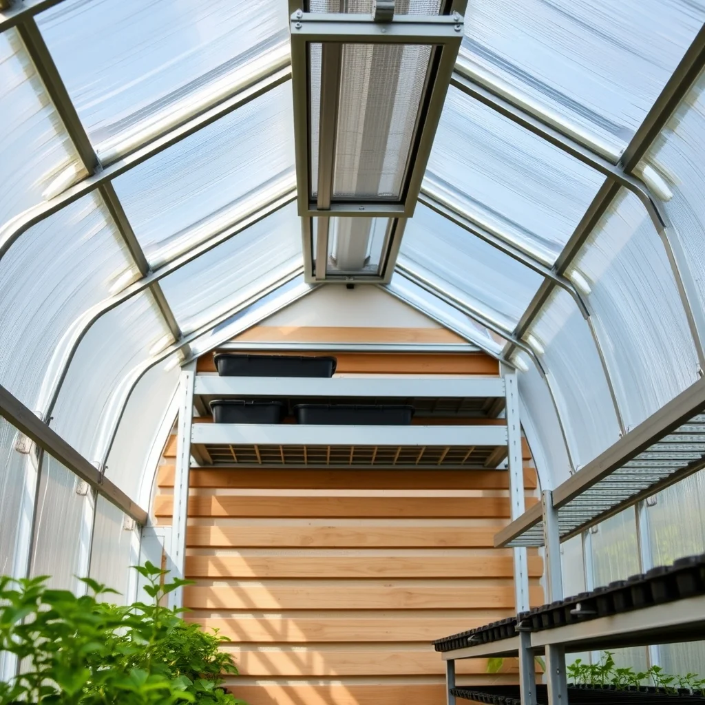 8x12 aluminum-frame polycarbonate hobby greenhouse with roof vents open, backyard setting, product photography