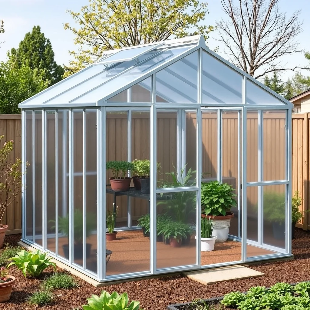 Small polycarbonate hobby greenhouse in a backyard garden with shelving and plants visible inside, product photography