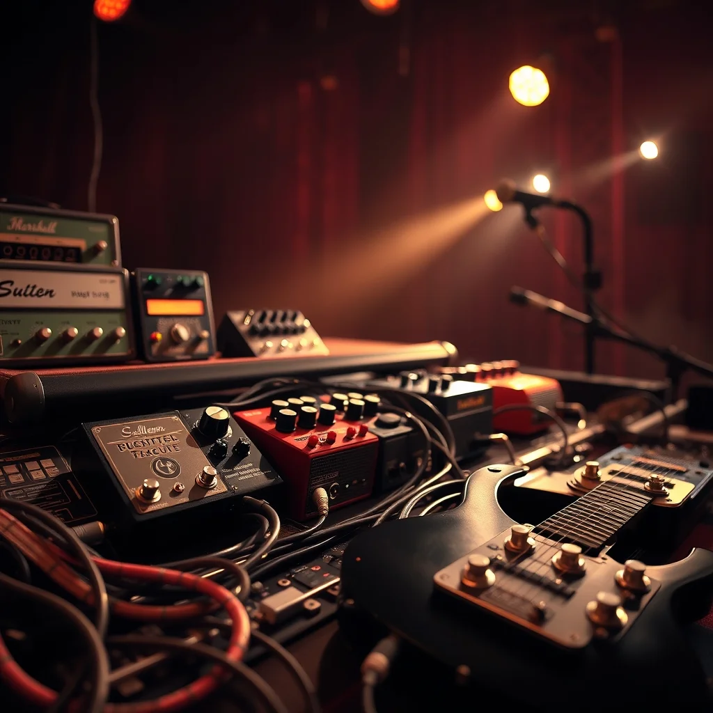Guitarist's pedalboard with boutique effects pedals