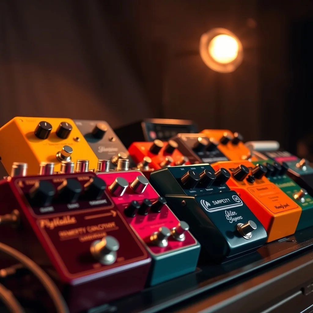 Collection of boutique guitar effects pedals on a pedalboard, studio product photograph