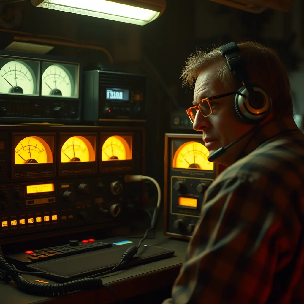 Ham radio operator at vintage tube equipment station with glowing VU meters and analog dials, warm amber light