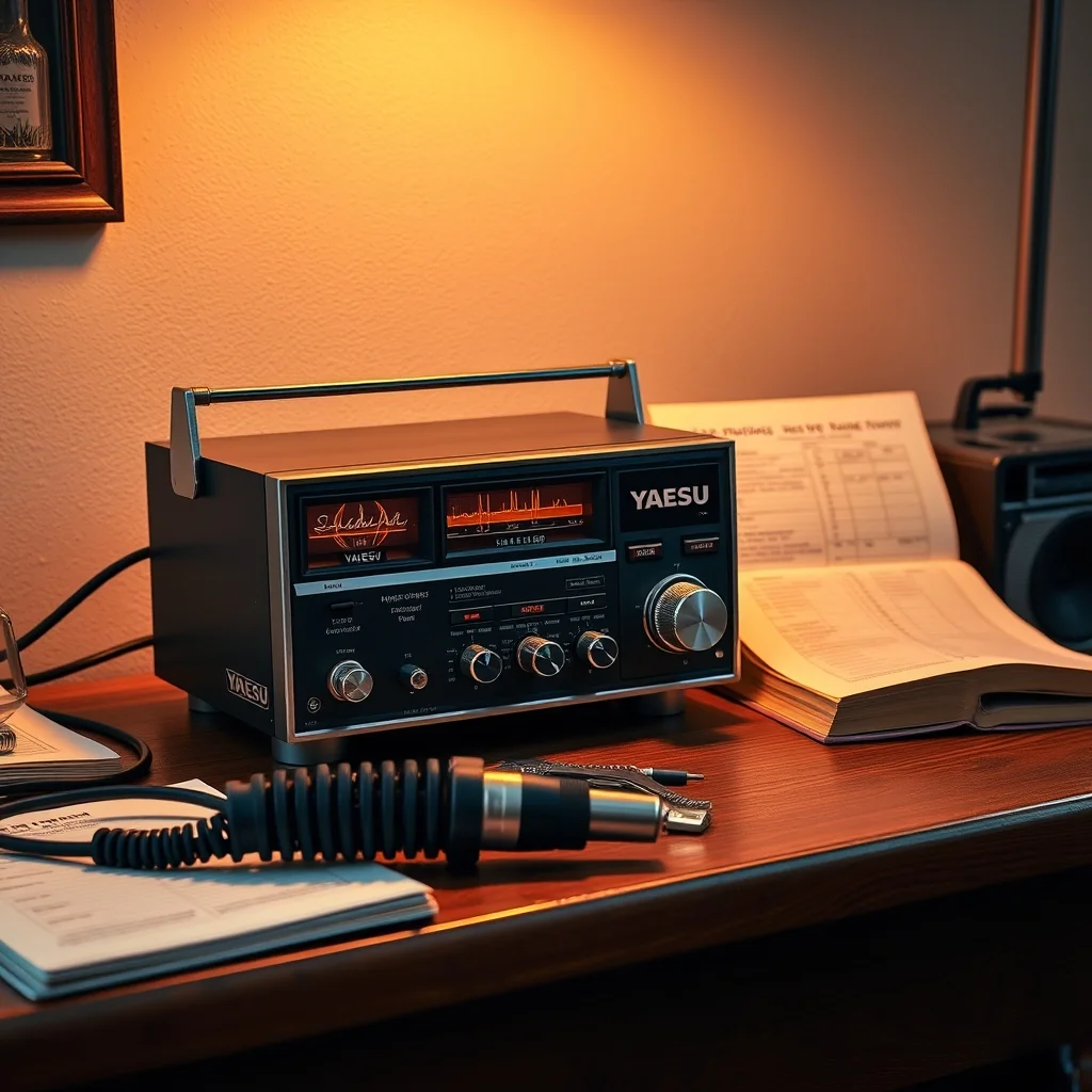 Vintage Yaesu tube ham radio transceiver on wooden desk with microphone and logbook, studio photograph