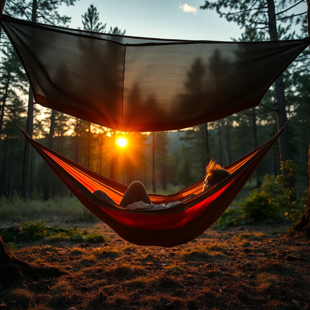 Hammock strung between forest trees with down underquilt visible and tarp overhead at dusk