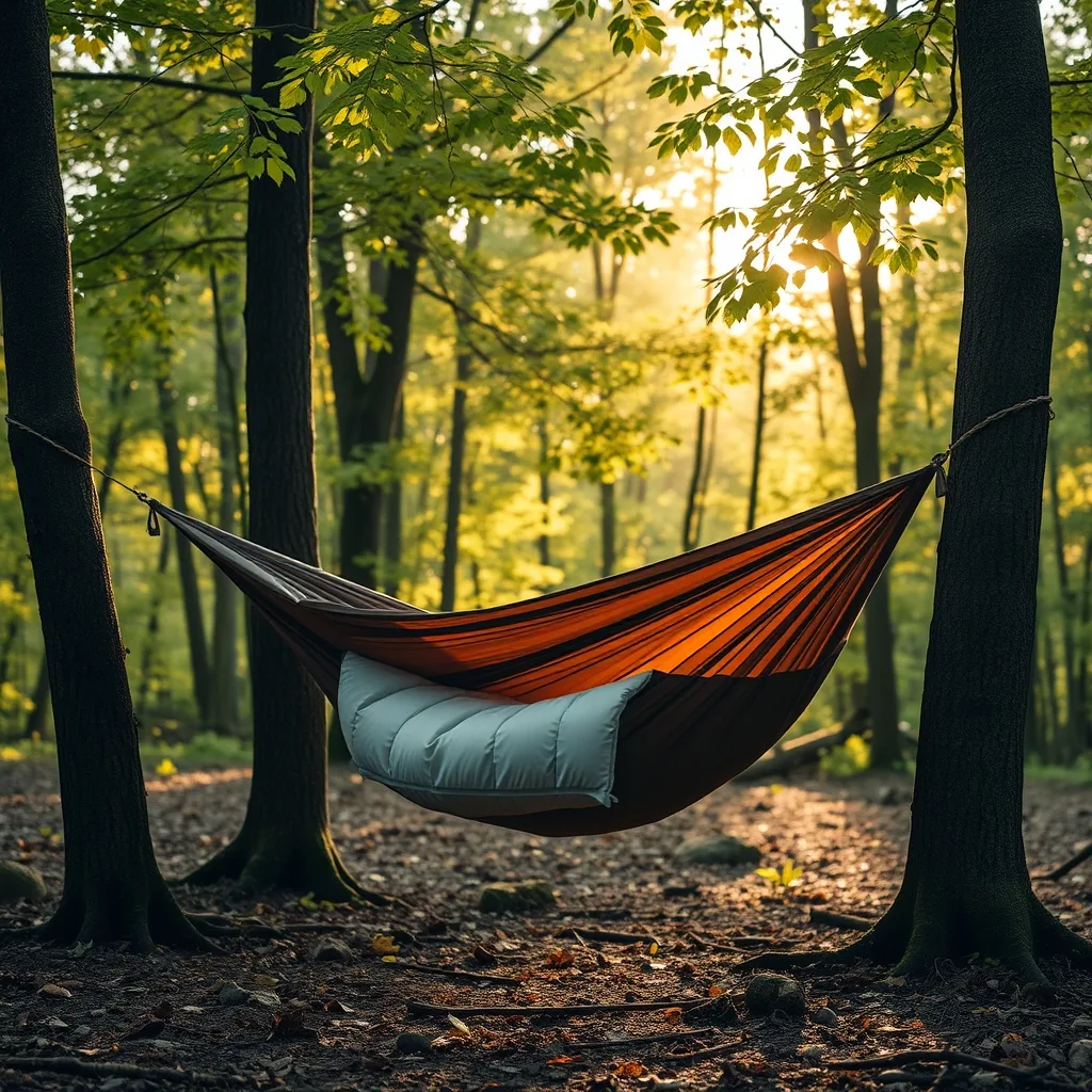 Hammock strung between trees in forest with underquilt visible, editorial camping photograph