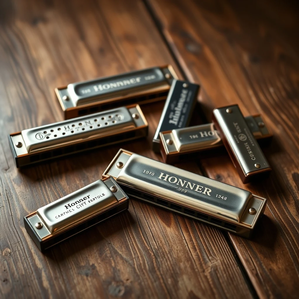 Collection of vintage Hohner harmonicas in original boxes arranged on wooden surface, product photograph