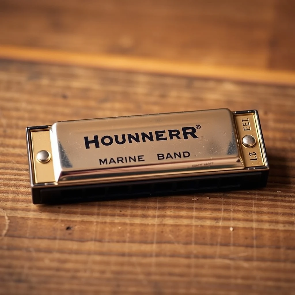 Vintage Hohner Marine Band harmonica on worn wooden surface, close-up product photograph