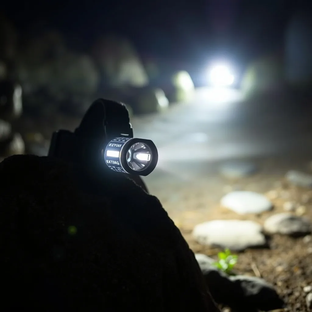 Modern LED headlamp showing beam on a nighttime trail, product photography