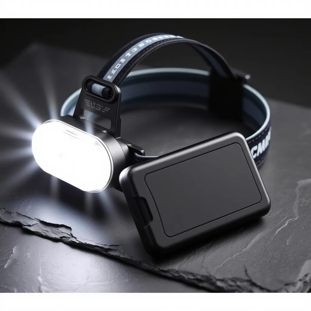 LED headlamp with elastic band and rechargeable battery, product photography on dark background