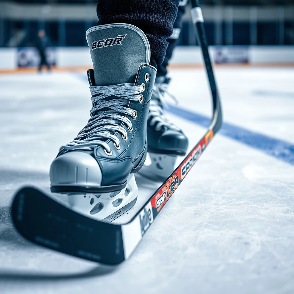 Ice hockey gear laid on ice — skates, stick, helmet and gloves arranged for product photography