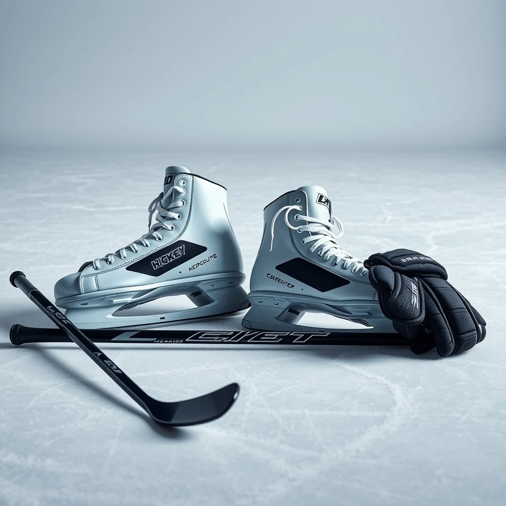 Ice hockey equipment — skates, helmet, gloves and stick laid on ice surface, product photography