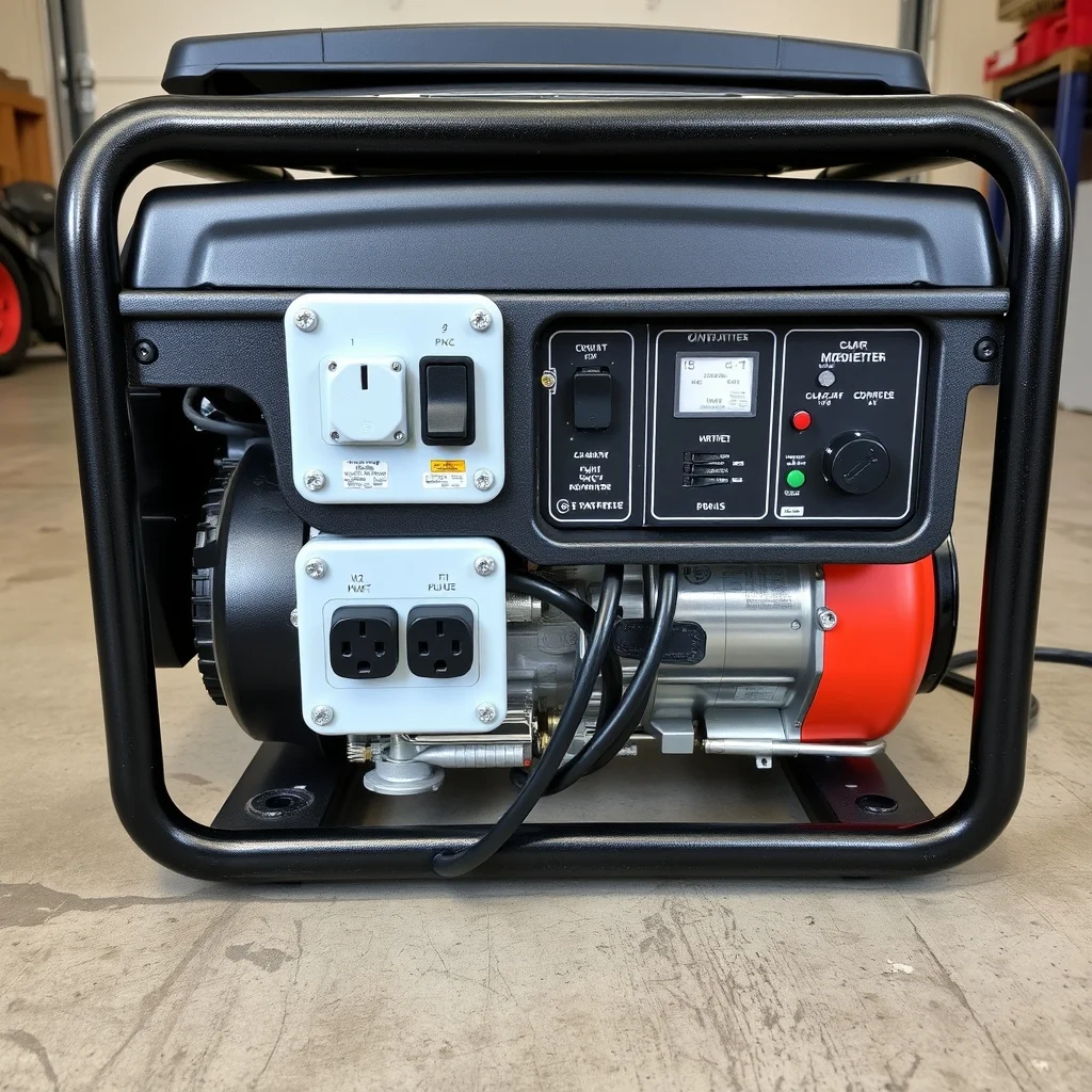 Portable inverter generator running outdoors next to extension cord, product photography on driveway