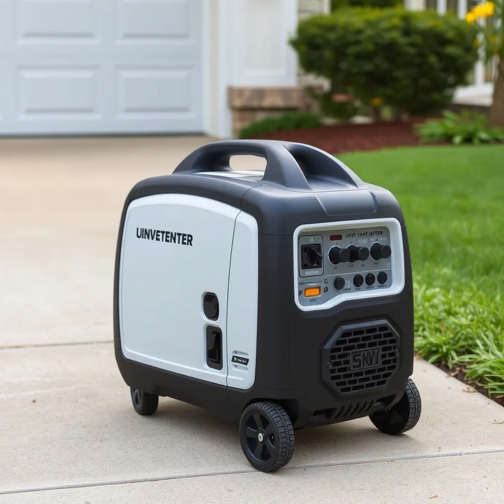 Inverter generator on concrete pad with transfer switch panel in background, product photography