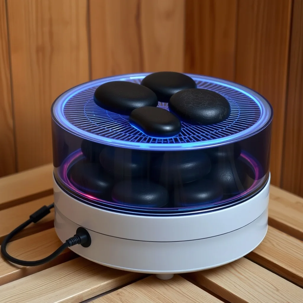Cedar sauna interior with electric heater and rocks, wooden bench and ladle, product photograph