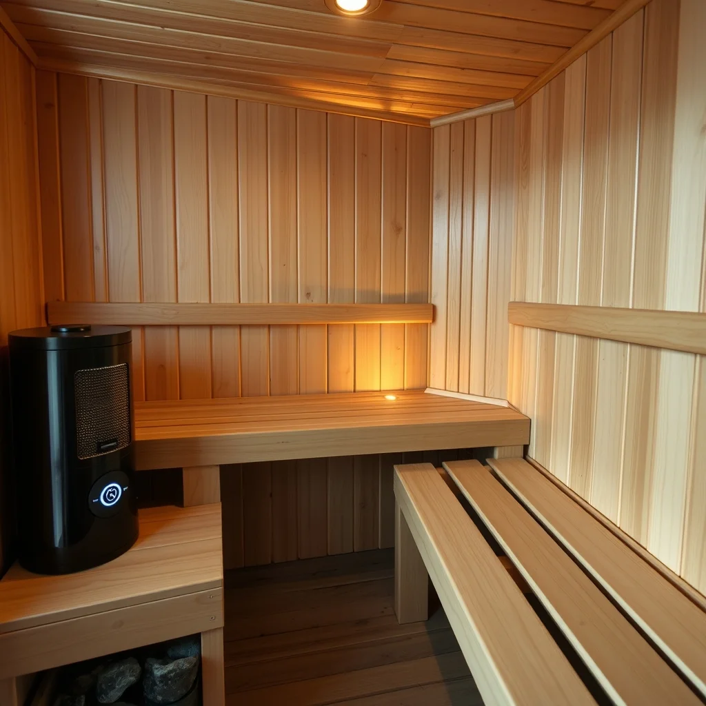 Cedar home sauna interior with wooden benches and electric heater, product photograph