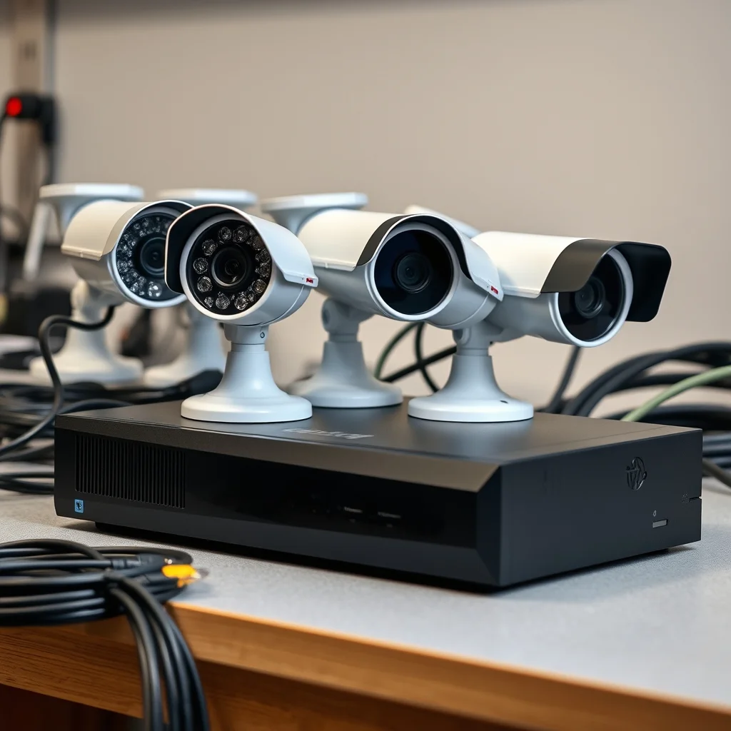 PoE security camera system with NVR recorder and multiple cameras on workbench, product photography