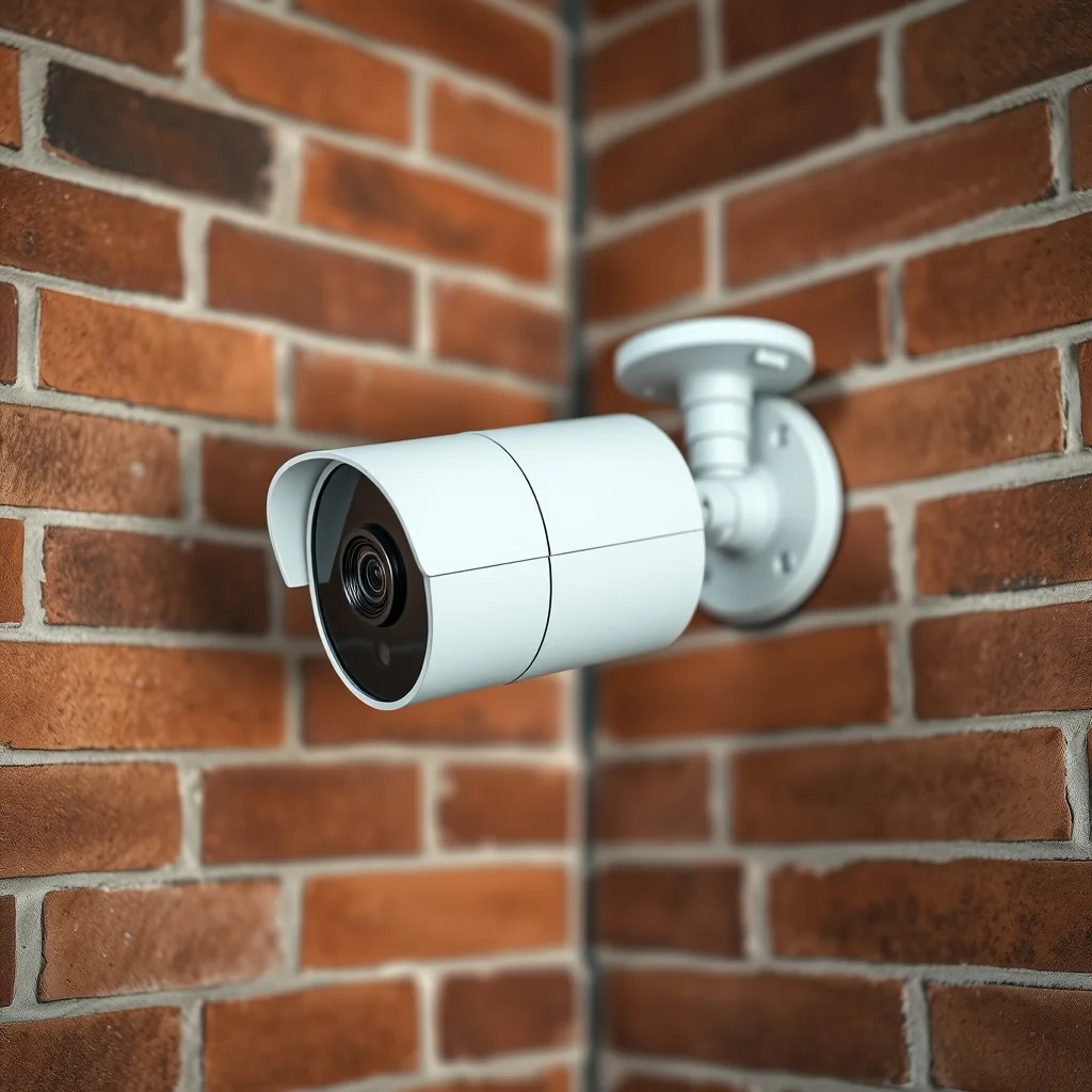 Outdoor PoE security camera mounted on brick wall corner, product photography