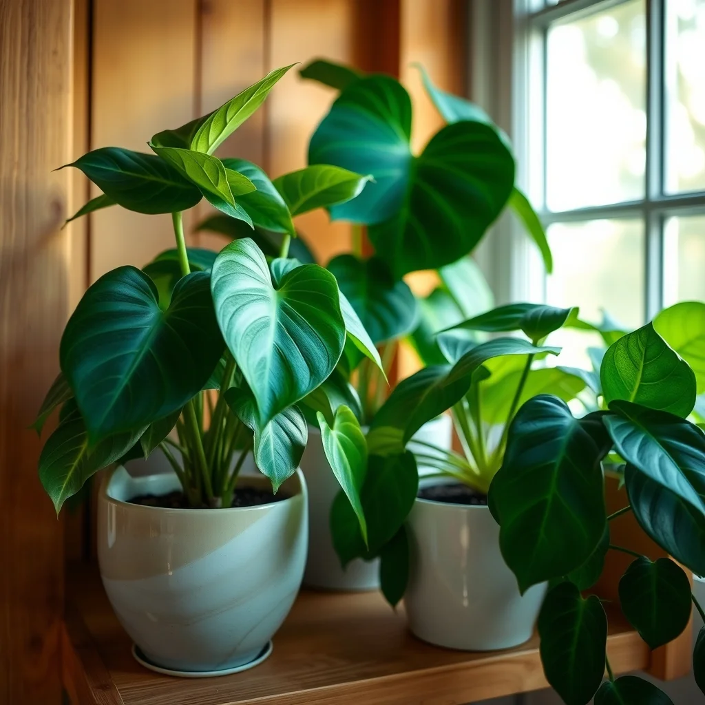 Thriving pothos and monstera in ceramic pots on a wooden shelf, natural window light, product photography