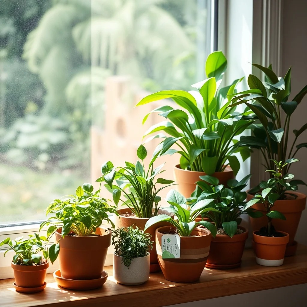 Assorted healthy houseplants in terracotta pots on a bright windowsill, product photography