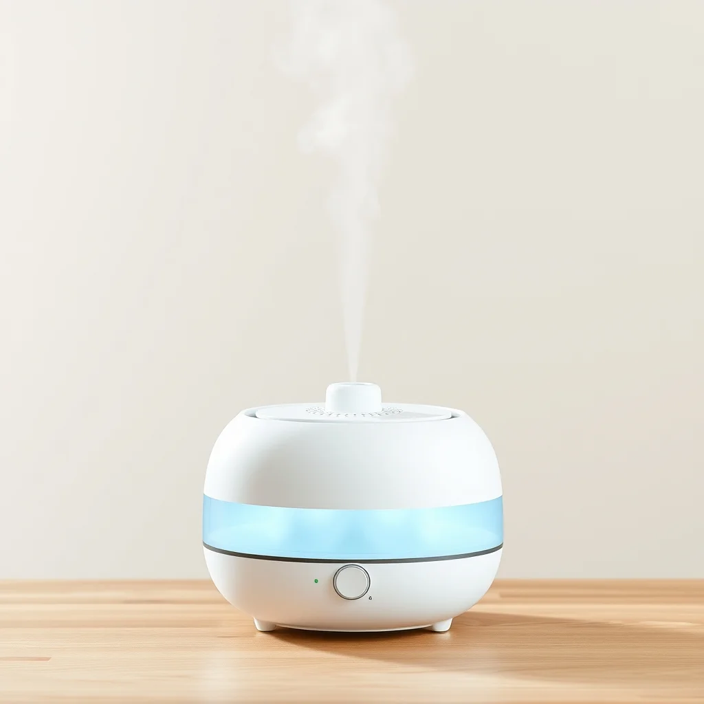 Ultrasonic cool mist humidifier on a bedside table emitting fine visible mist