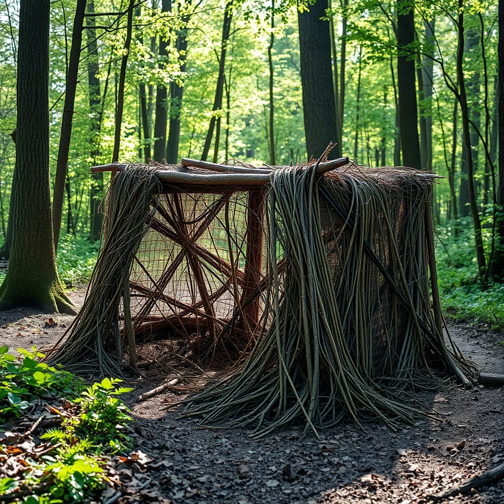 Hunting blind set up at forest edge in autumn light, product photography