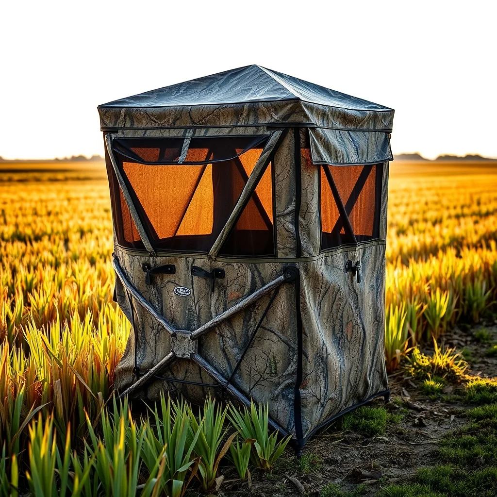 Pop-up hunting blind in a field at the edge of a forest, product photography