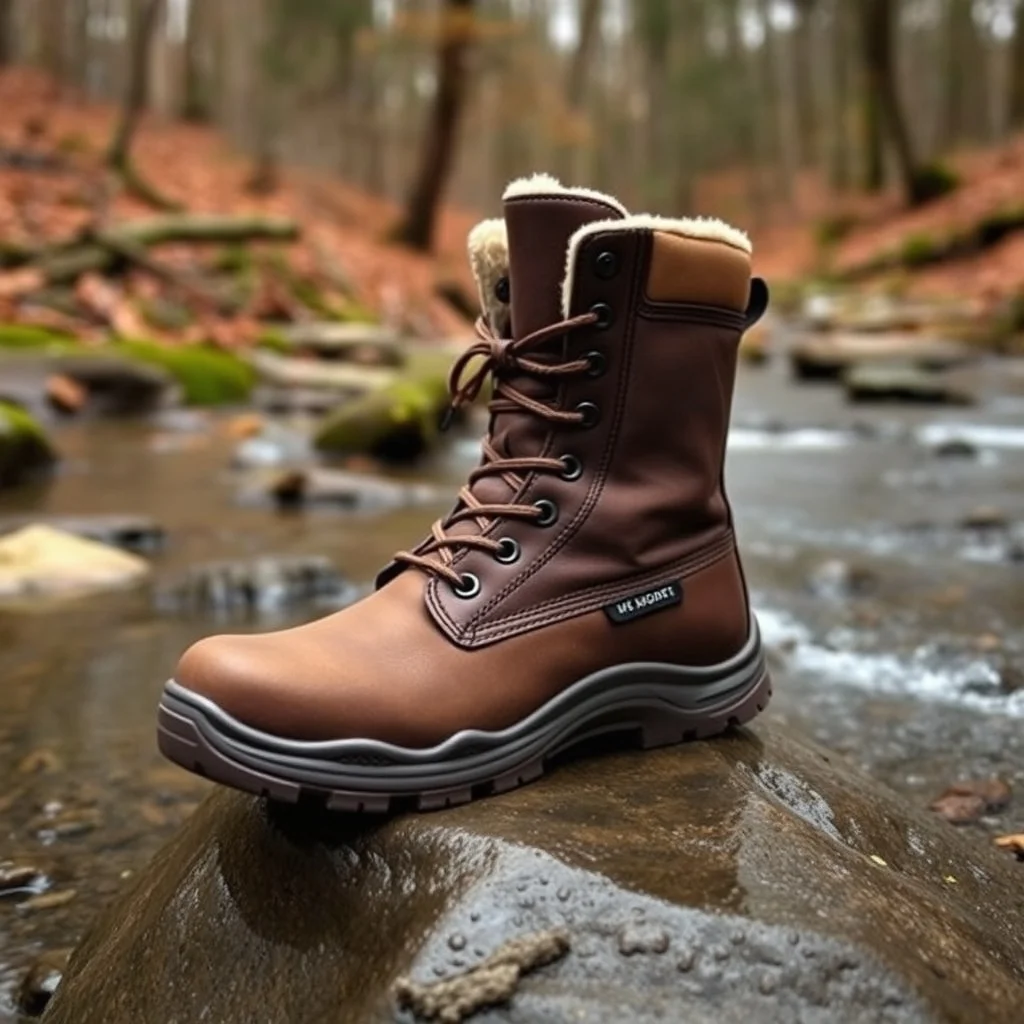 Insulated hunting boots on a rock in an autumn forest, product photography