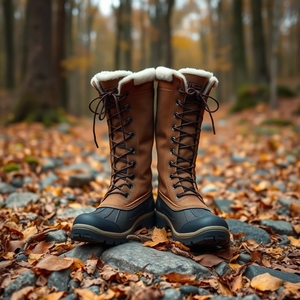 Pair of insulated hunting boots on a rocky forest trail, product photography