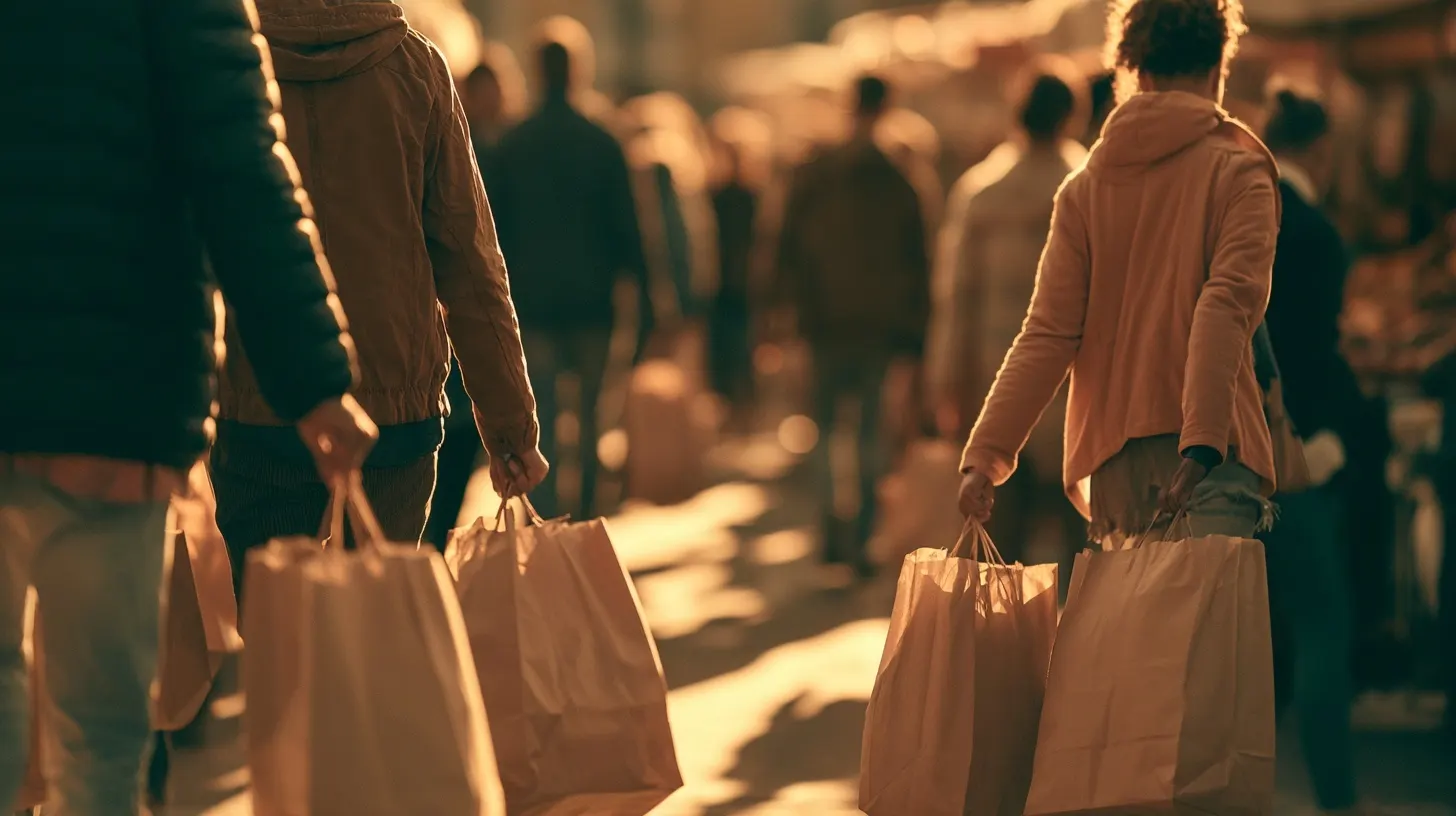 People carrying shopping bags through a sunlit street market