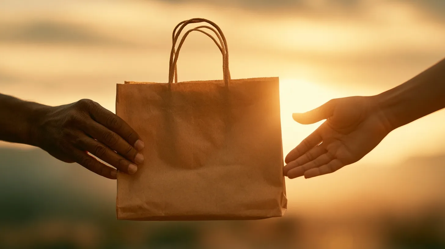 Hands passing a paper shopping bag in warm golden light